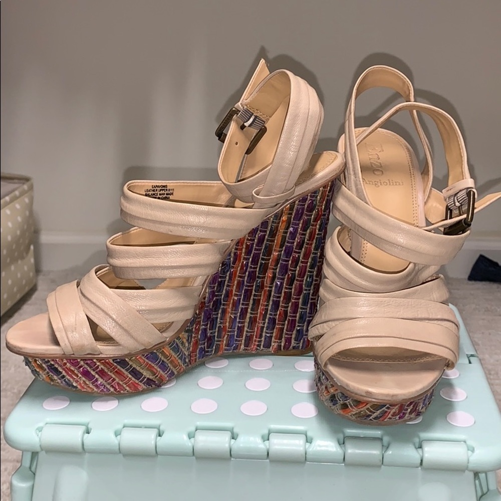 Colorful ribbon strappy wedge sandals